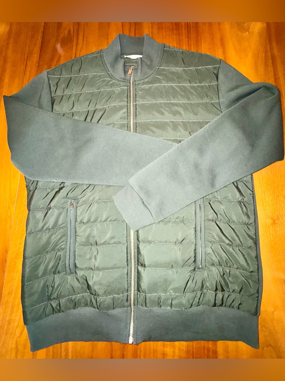 Reiss Quilted/Knit Hybrid Jacket with Standup Collar in Army Green, Size L - Picture 3 of 11
